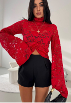 Koronkowa bluzka ze stójką i szerokimi rękawami z wiskozy La Milla Why Not You czerwona