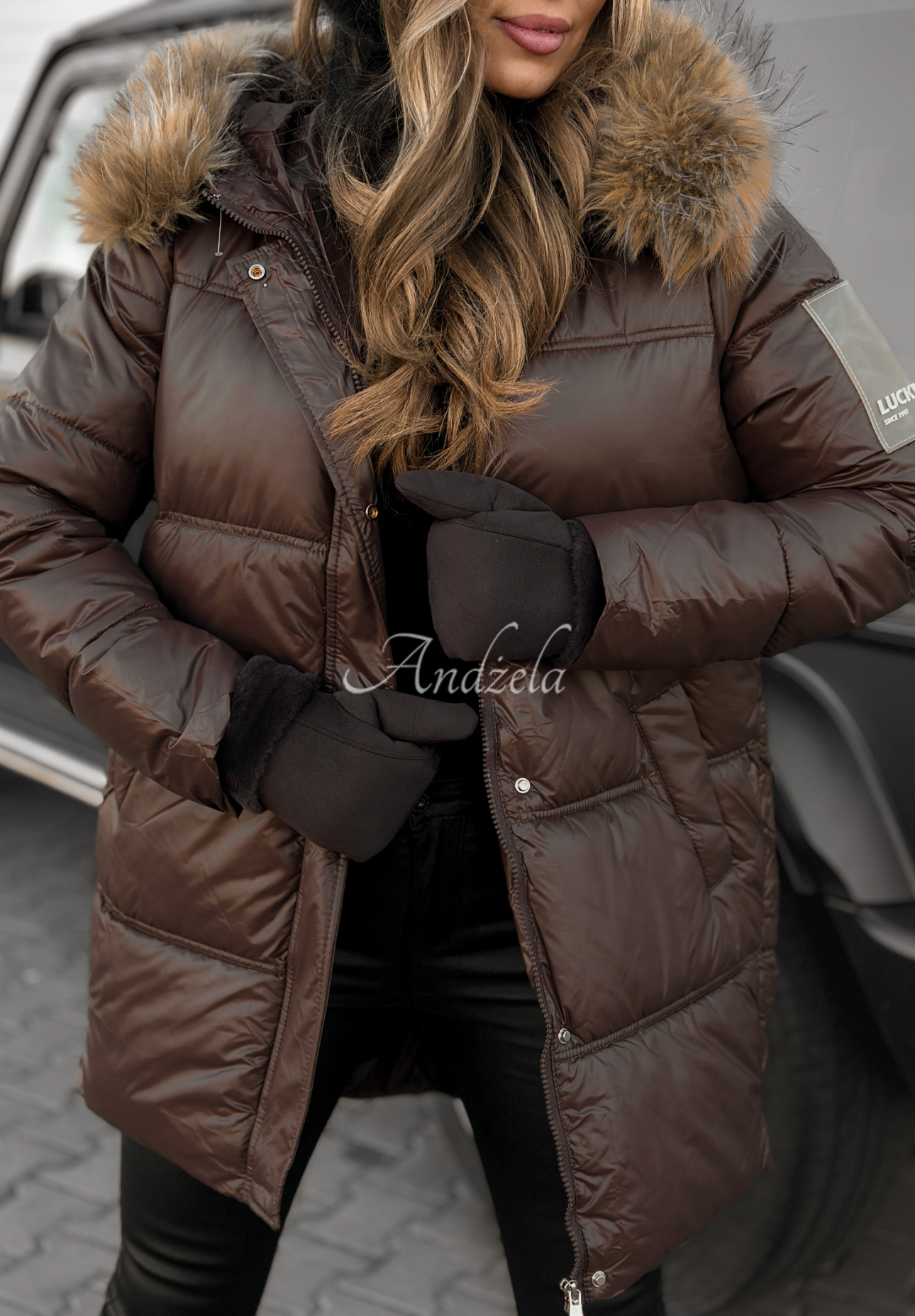 Happy Season long quilted jacket in chocolate