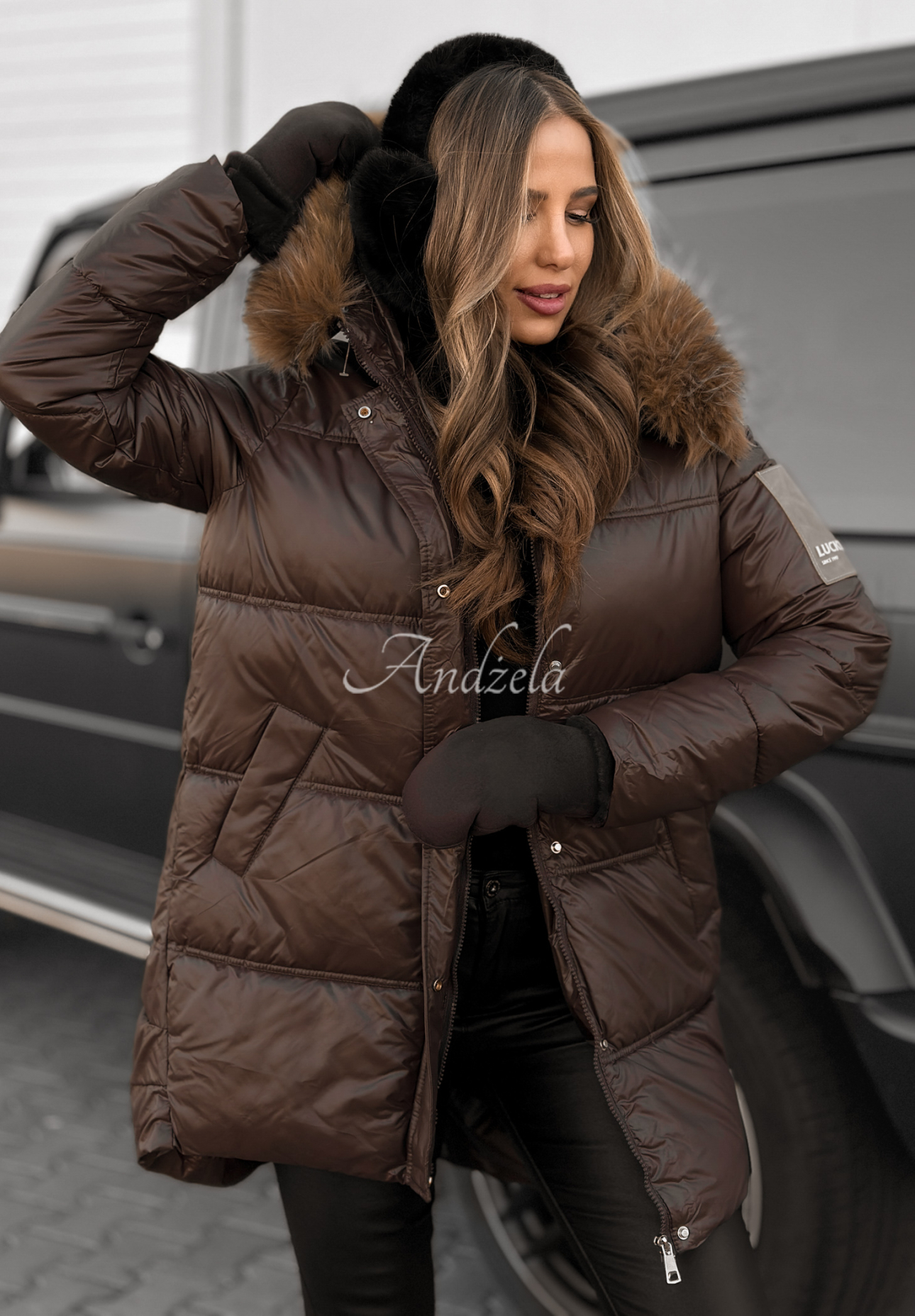 Happy Season long quilted jacket in chocolate