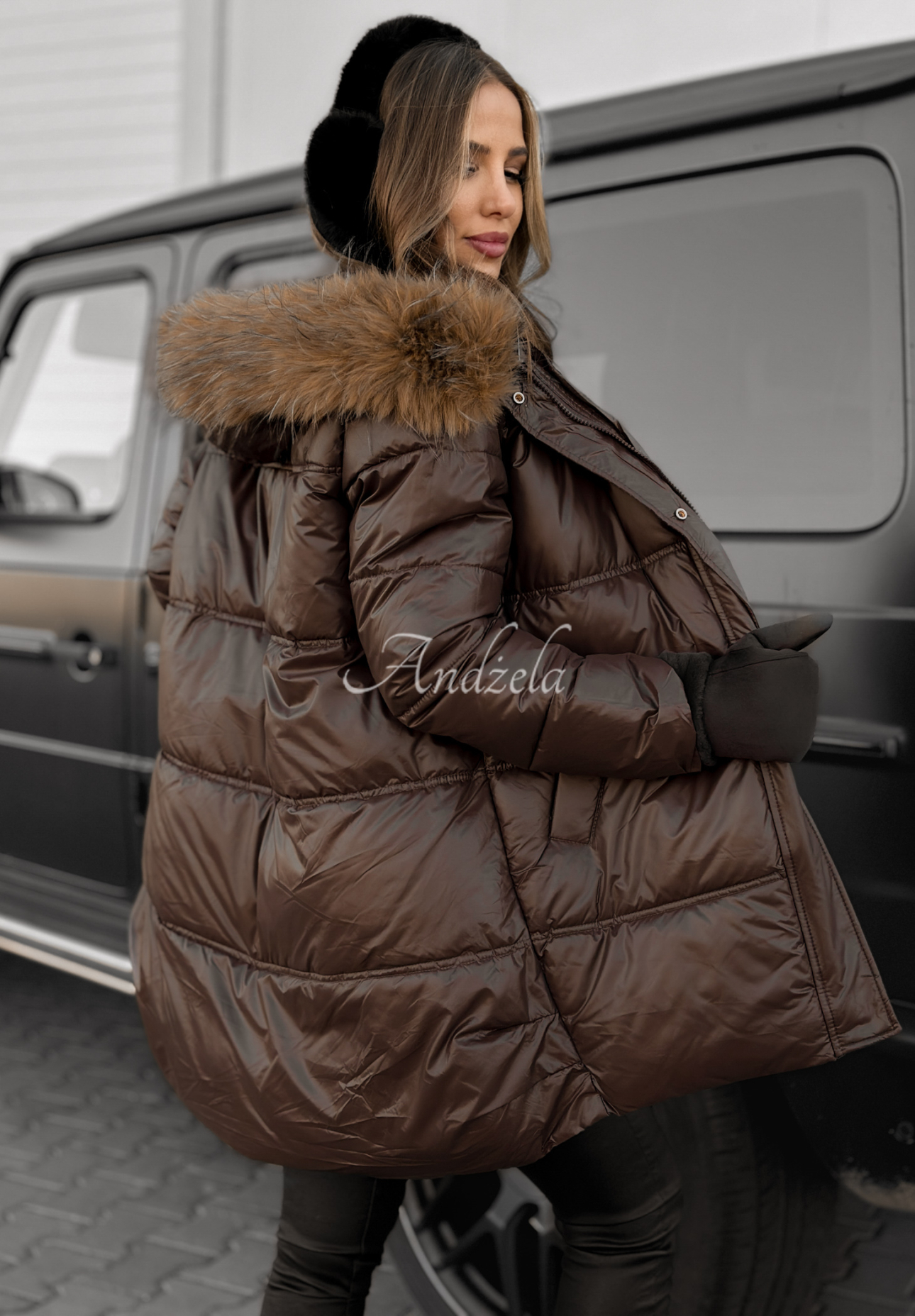 Happy Season long quilted jacket in chocolate