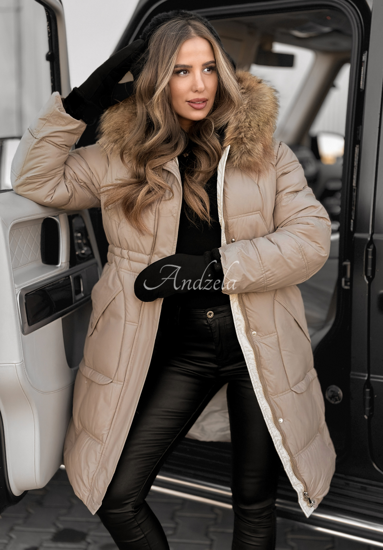 Long quilted jacket Rivia dark beige
