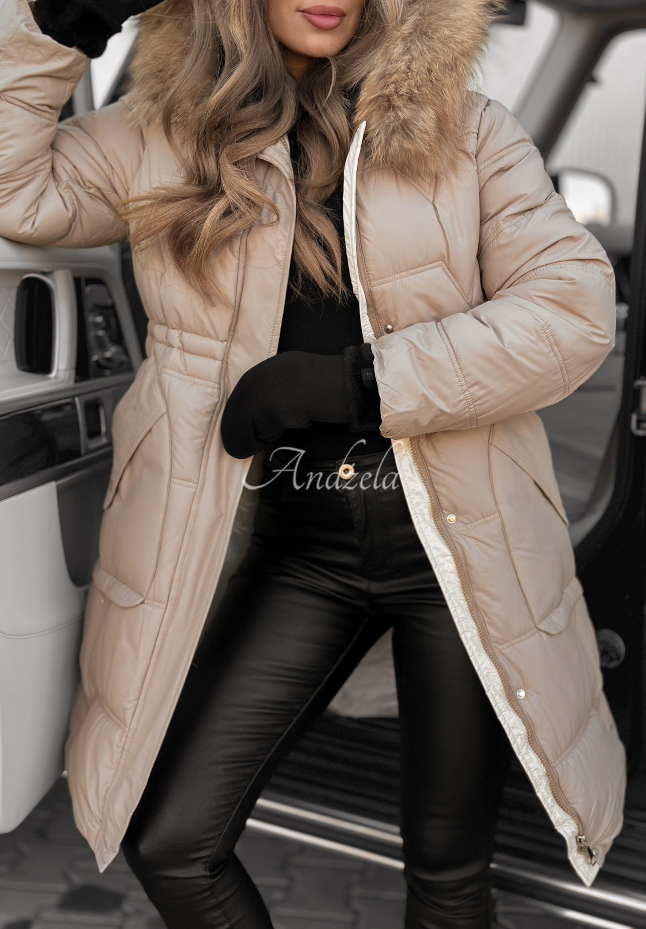 Long quilted jacket Rivia dark beige