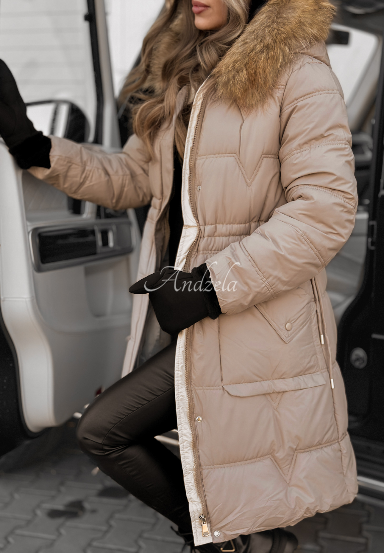 Long quilted jacket Rivia dark beige