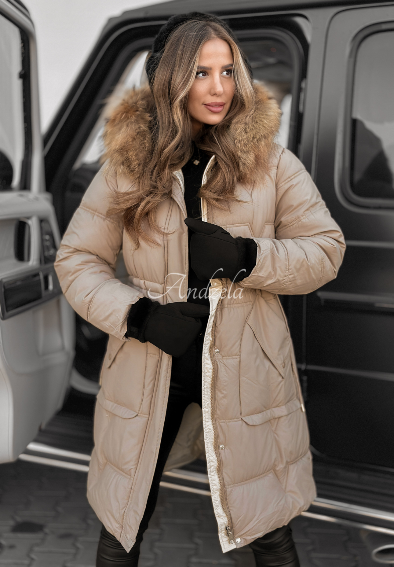 Long quilted jacket Rivia dark beige
