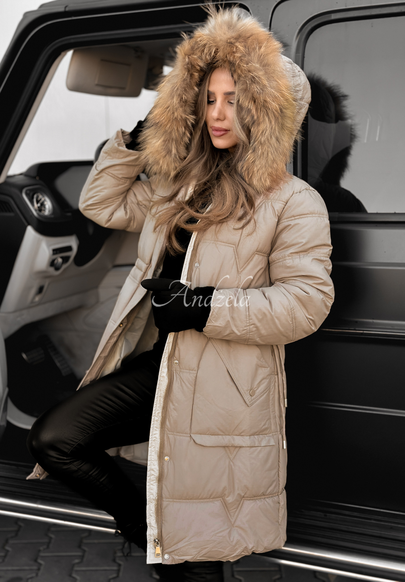 Long quilted jacket Rivia dark beige