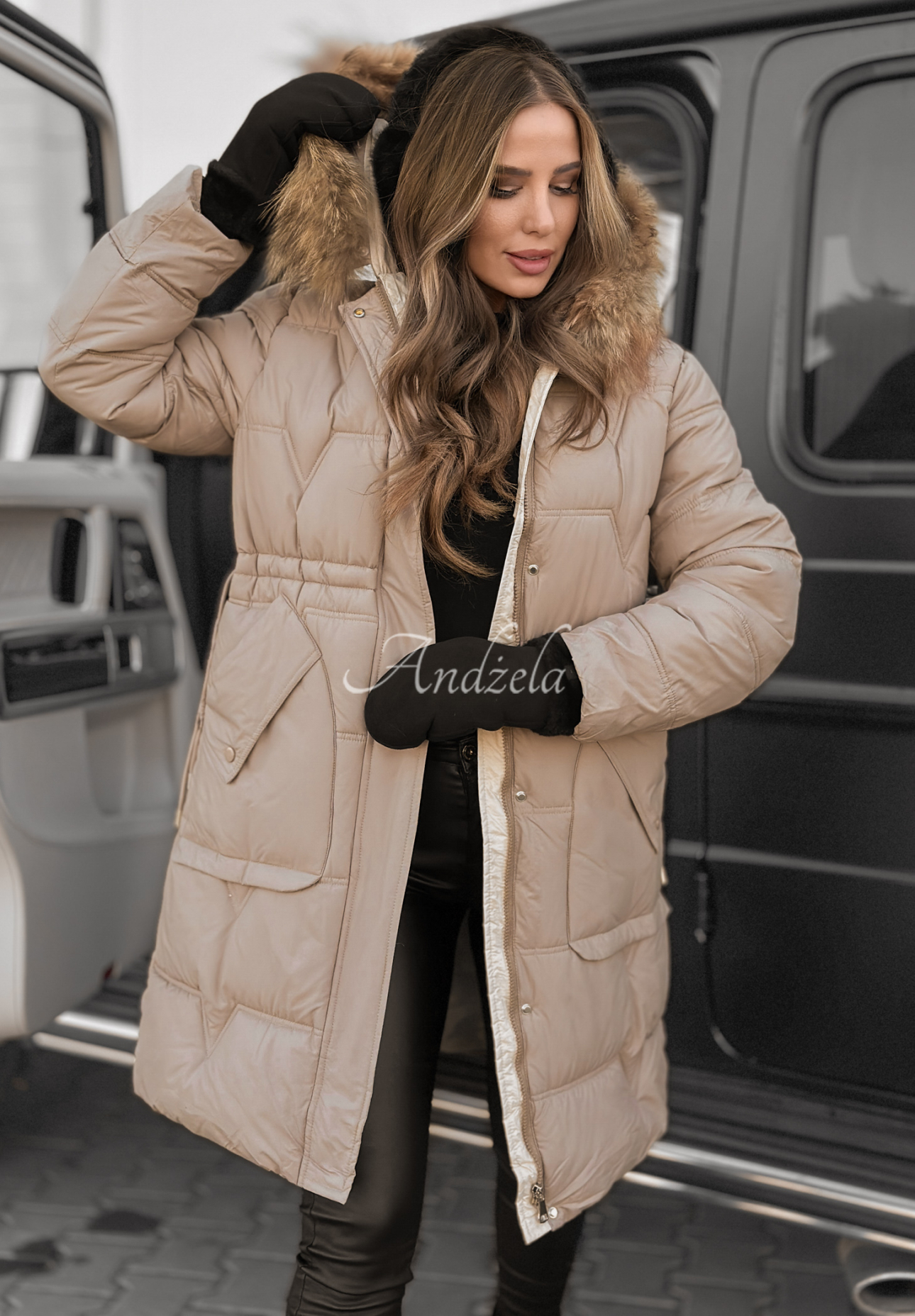 Long quilted jacket Rivia dark beige