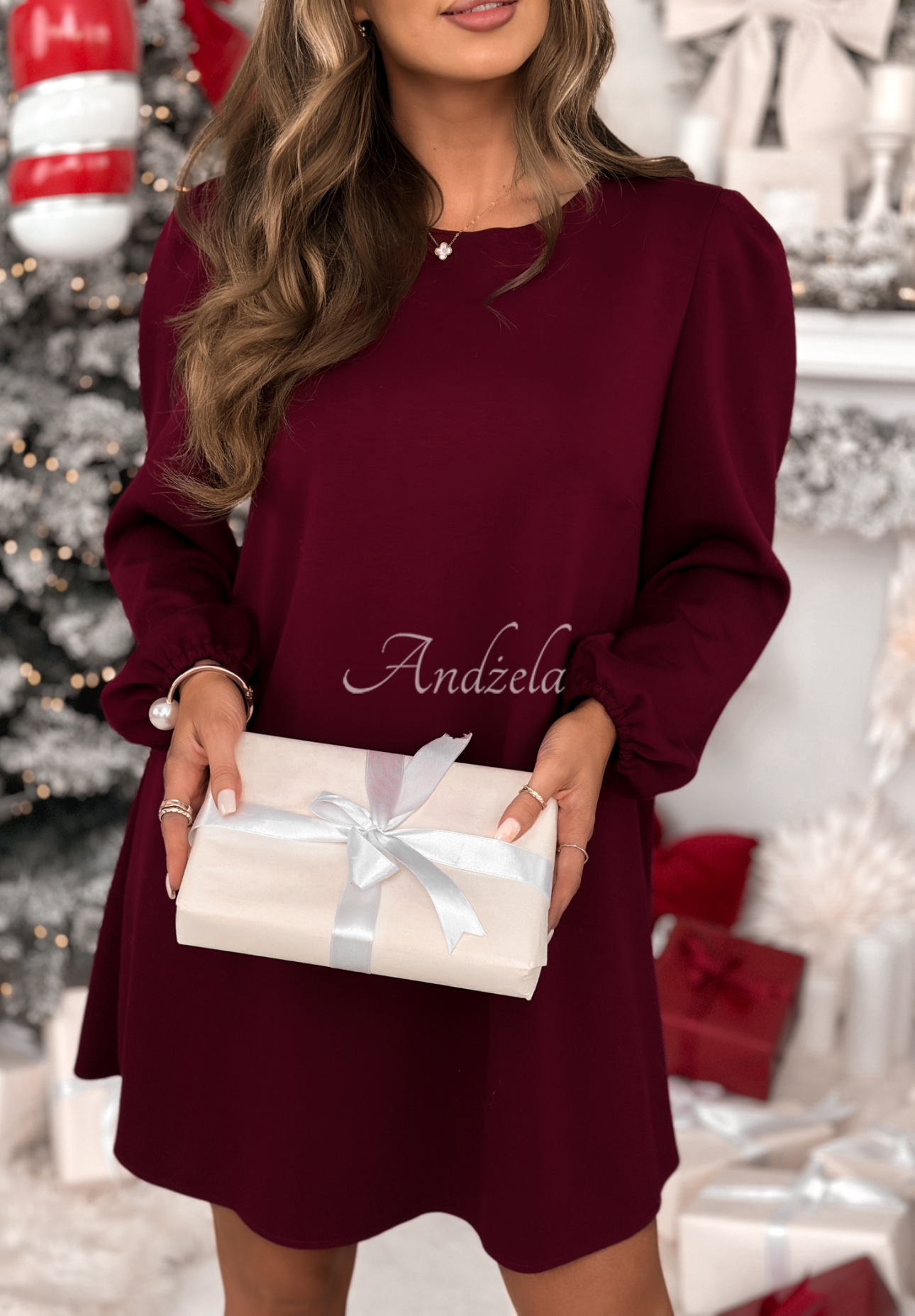 Viscose dress with buff sleeves Just One Kiss burgundy