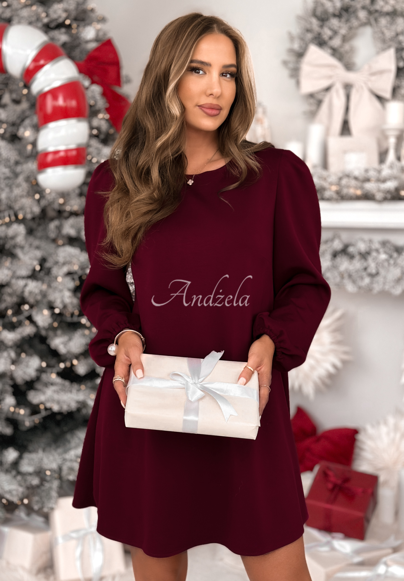 Viscose dress with buff sleeves Just One Kiss burgundy