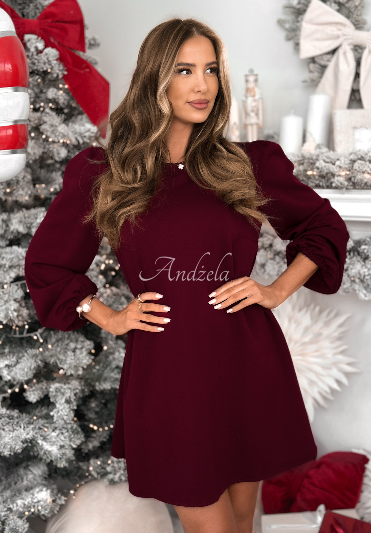 Viscose dress with buff sleeves Just One Kiss burgundy