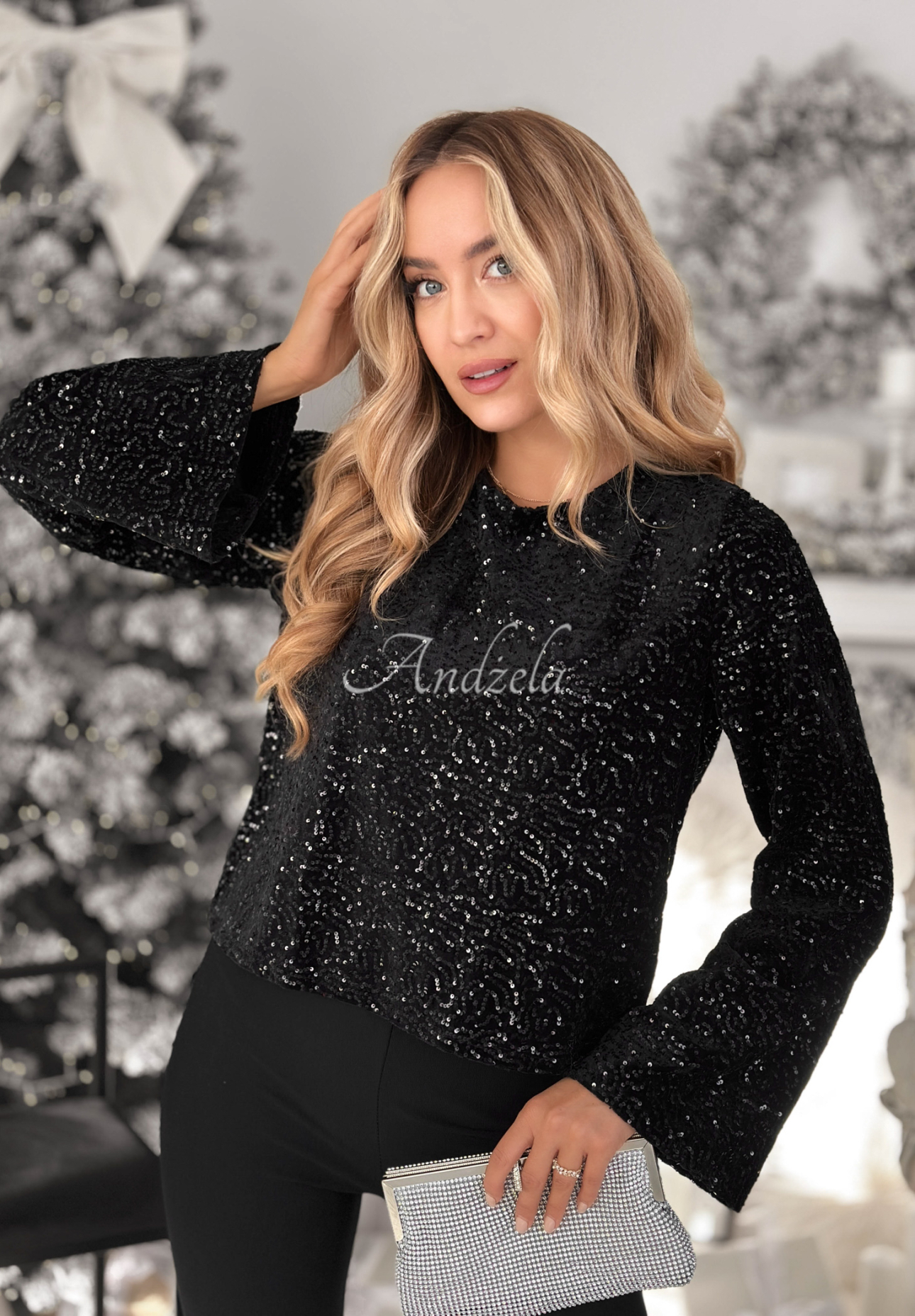 Cekinowa bluzka longsleeve The Mistletoe Lady czarna