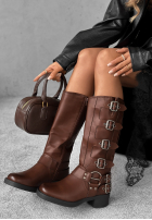 Skórzane kozaki biker z klamrami Go Alone czekoladowe