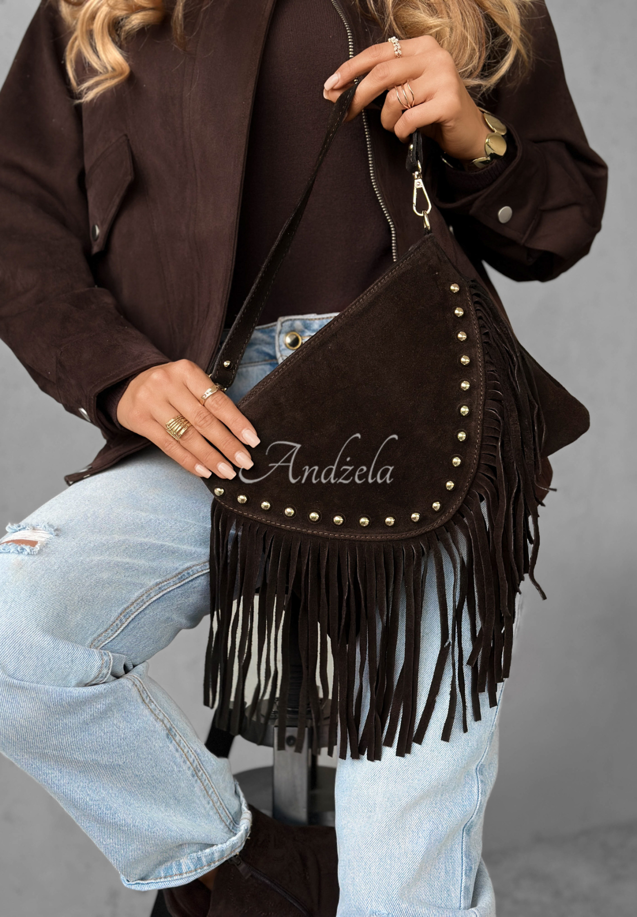 Suede handbag with tassels Hold This Moment chocolate