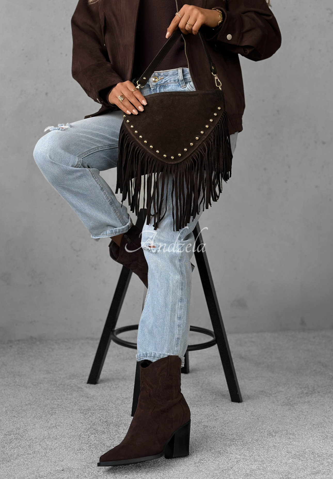 Suede handbag with tassels Hold This Moment chocolate