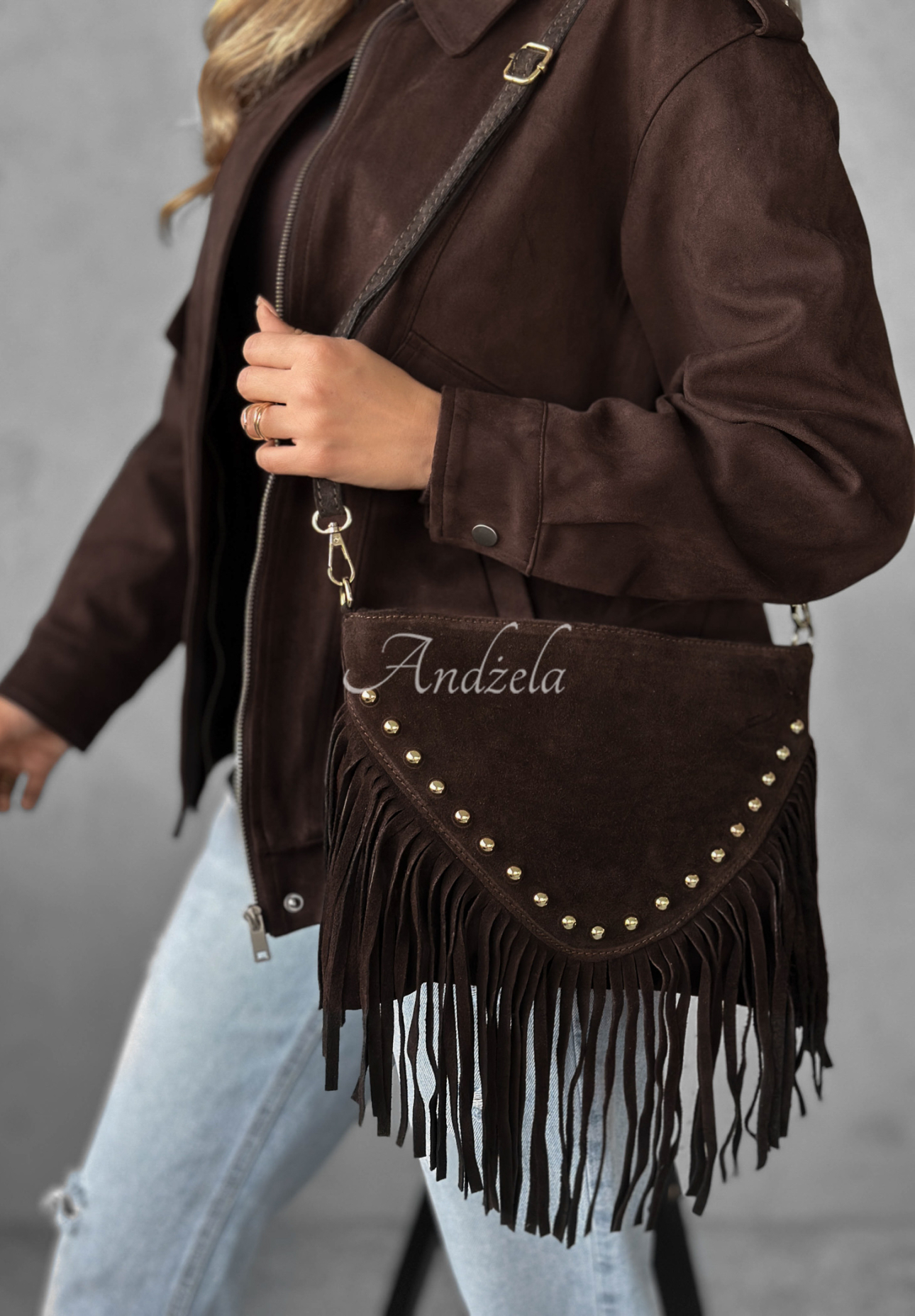 Zamszowa torebka z frędzlami Hold This Moment czekoladowa