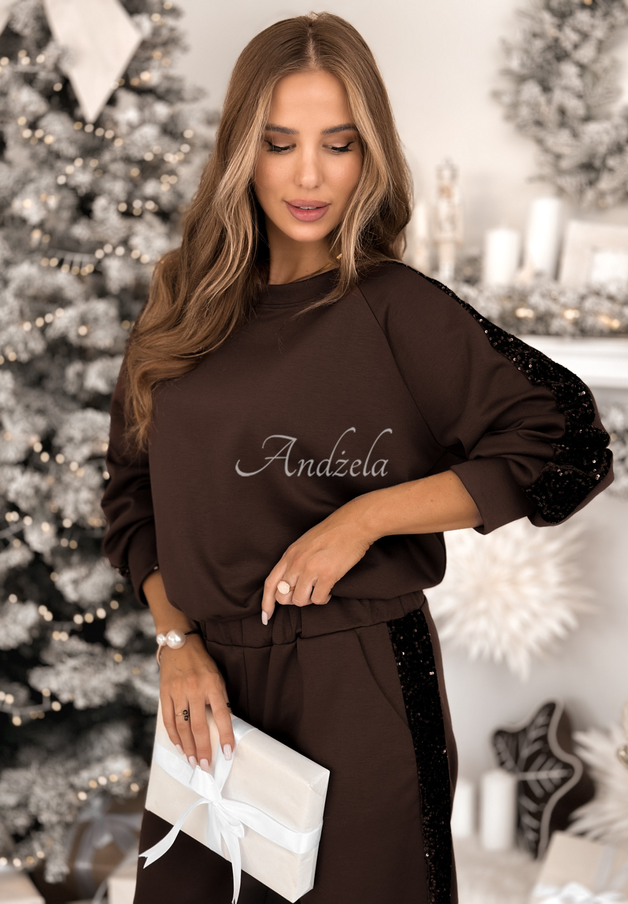 Viscose sweatshirt and pants set with sequins Nothing To Do chocolate