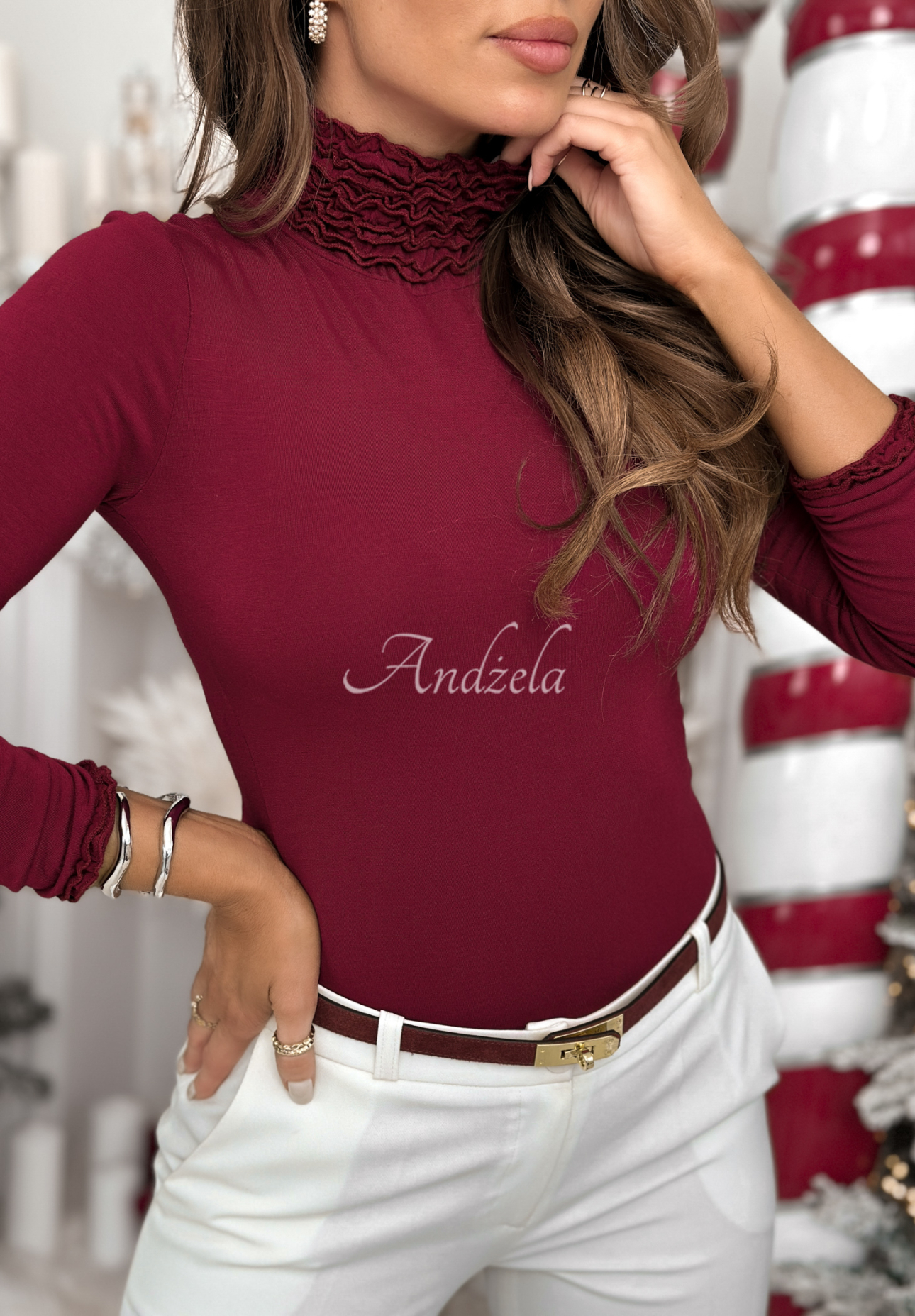 Wiskozowa bluzka longsleeve z golfem Your Own Luck burgundowa