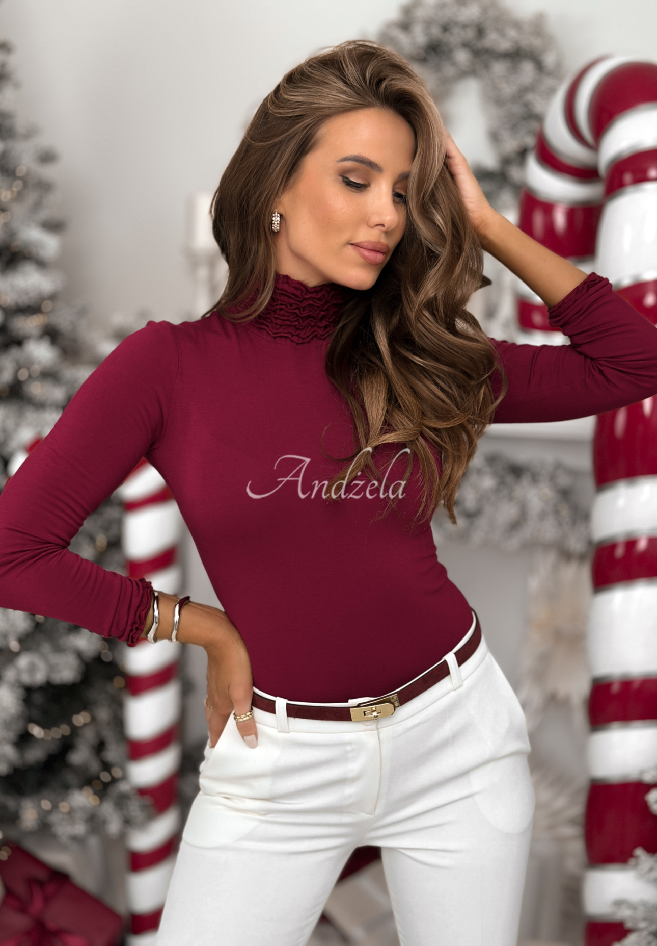 Wiskozowa bluzka longsleeve z golfem Your Own Luck burgundowa