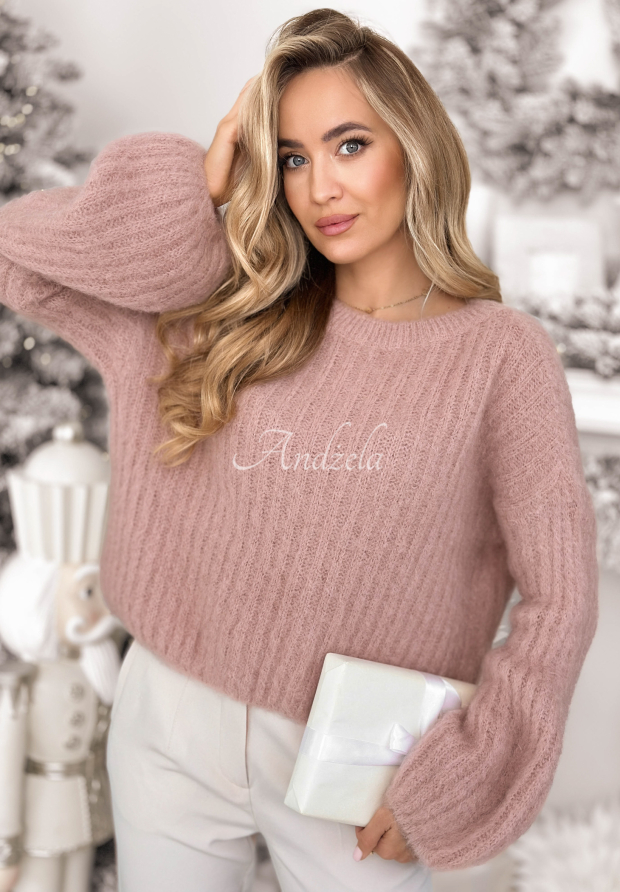 Moherowy sweter z szerokimi rękawami Better Than That pudrowy r&oacute;ż