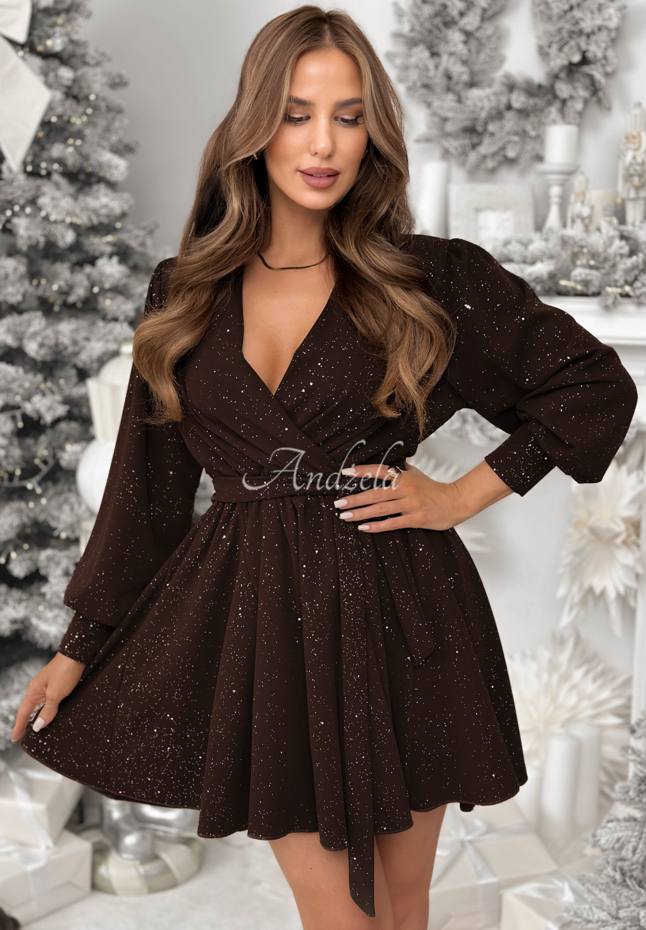 Viscose glitter mini dress Never Yours chocolate