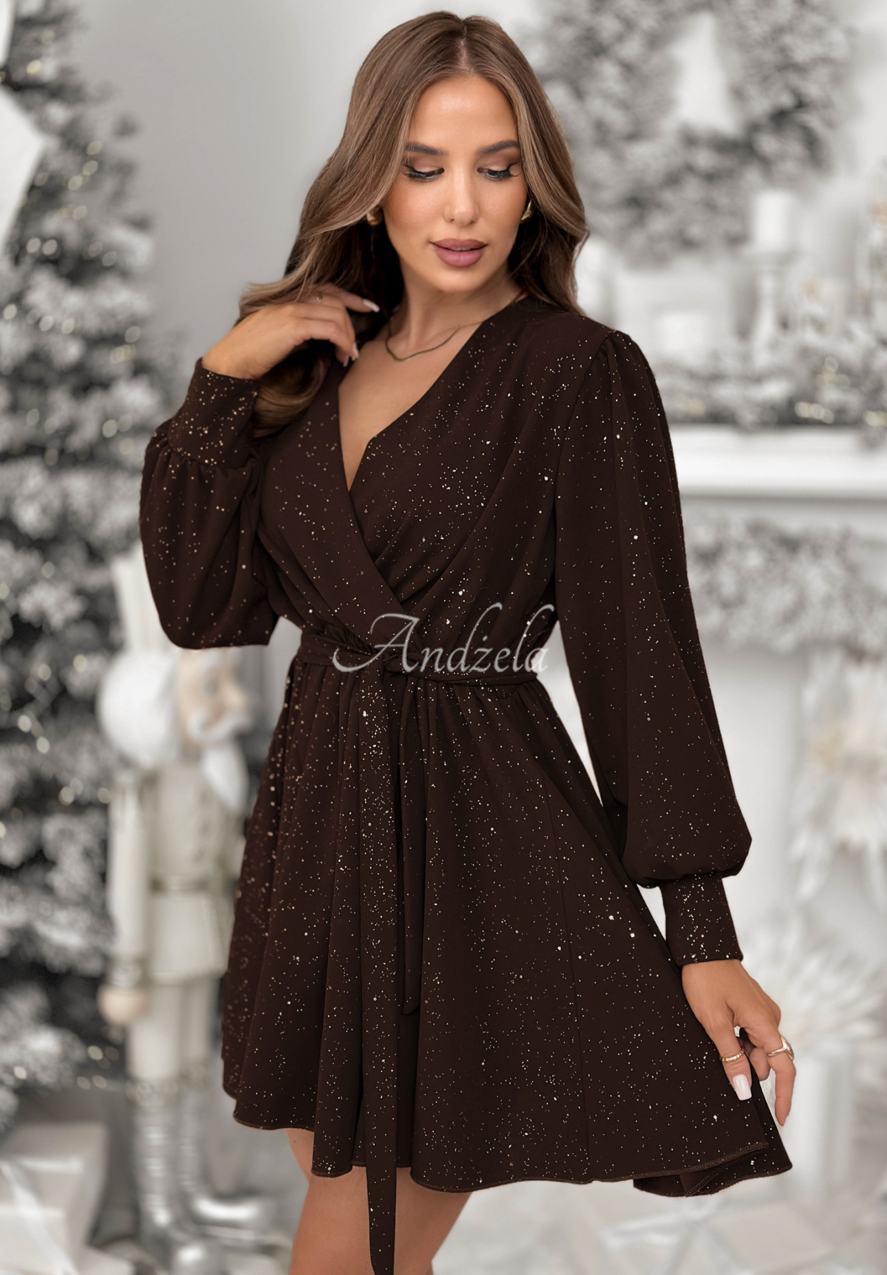 Viscose glitter mini dress Never Yours chocolate