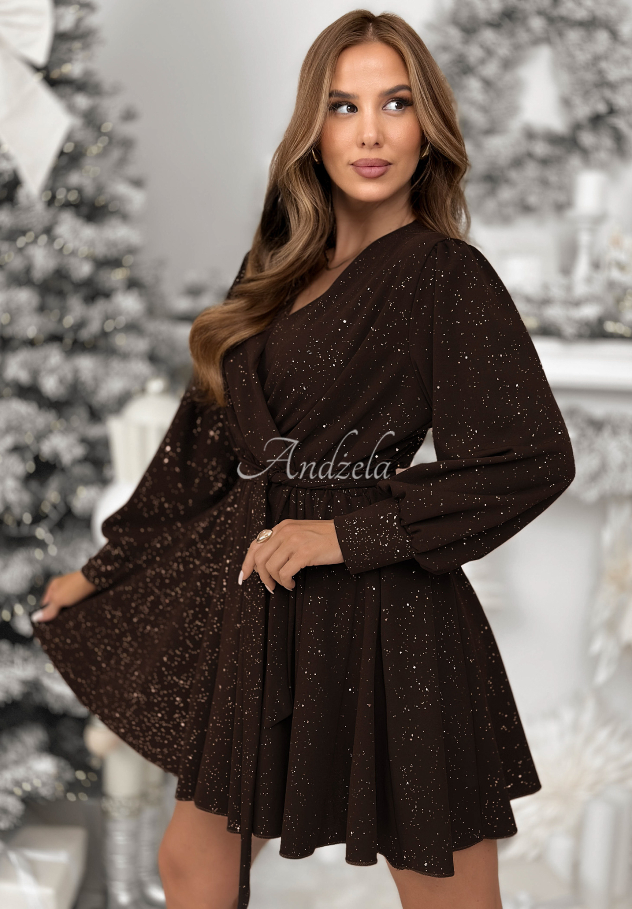 Viscose glitter mini dress Never Yours chocolate
