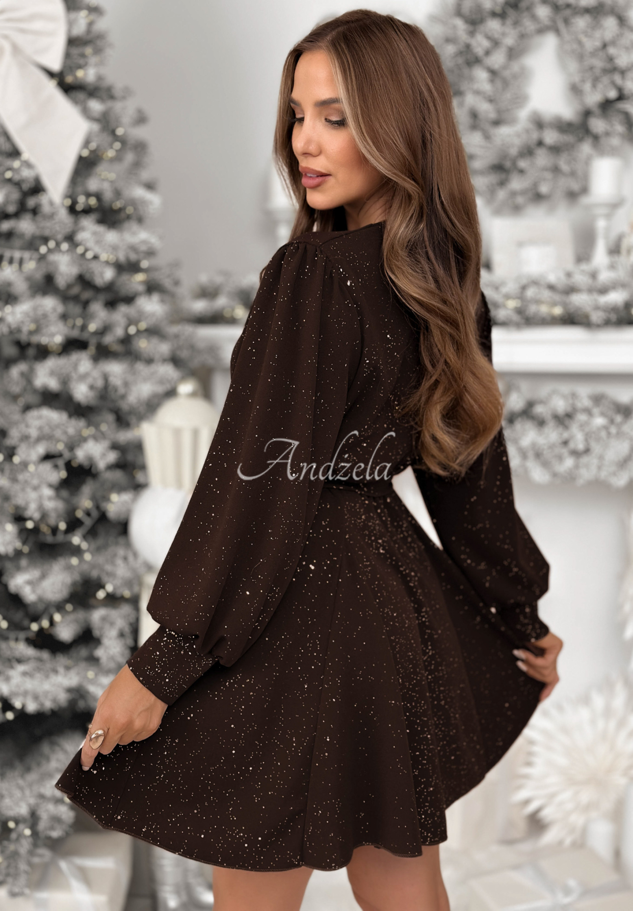 Viscose glitter mini dress Never Yours chocolate