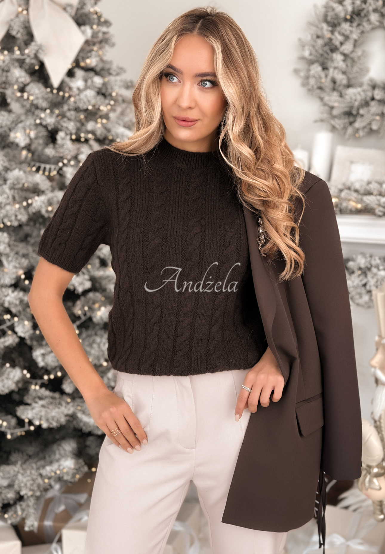 Embellished plaid sweater with wool and alpaca Miss Me chocolate