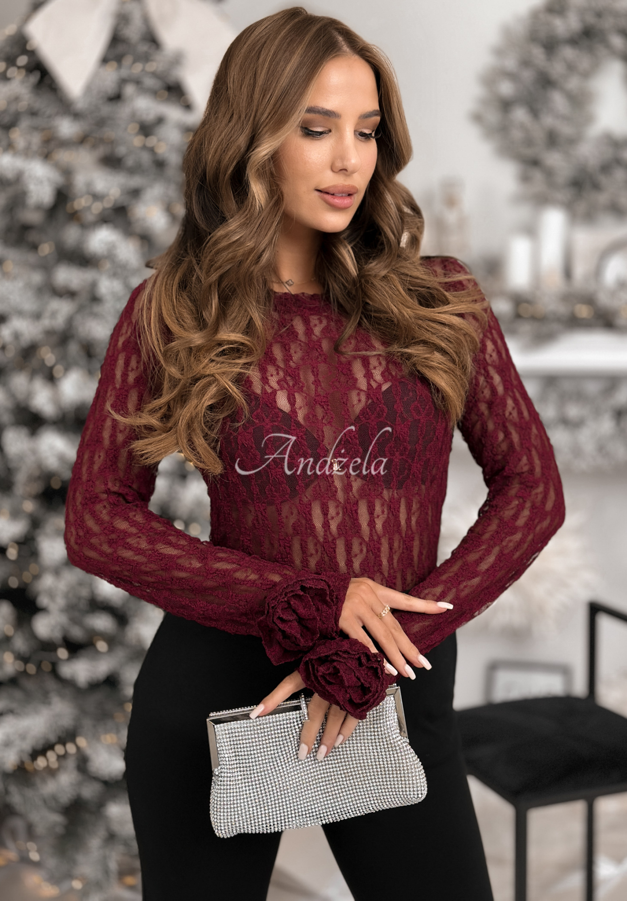 Lace &amp; Roses burgundy longsleeve blouse with roses