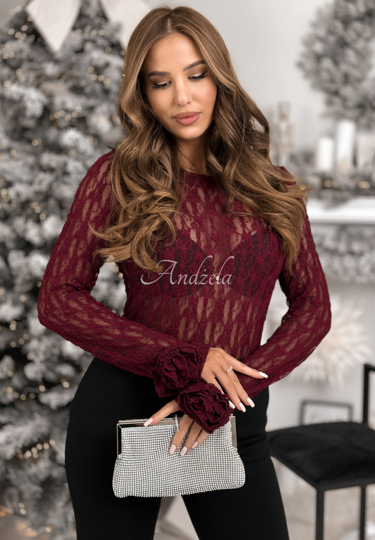 Koronkowa bluzka longsleeve z różami Lace &amp; Roses burgundowa