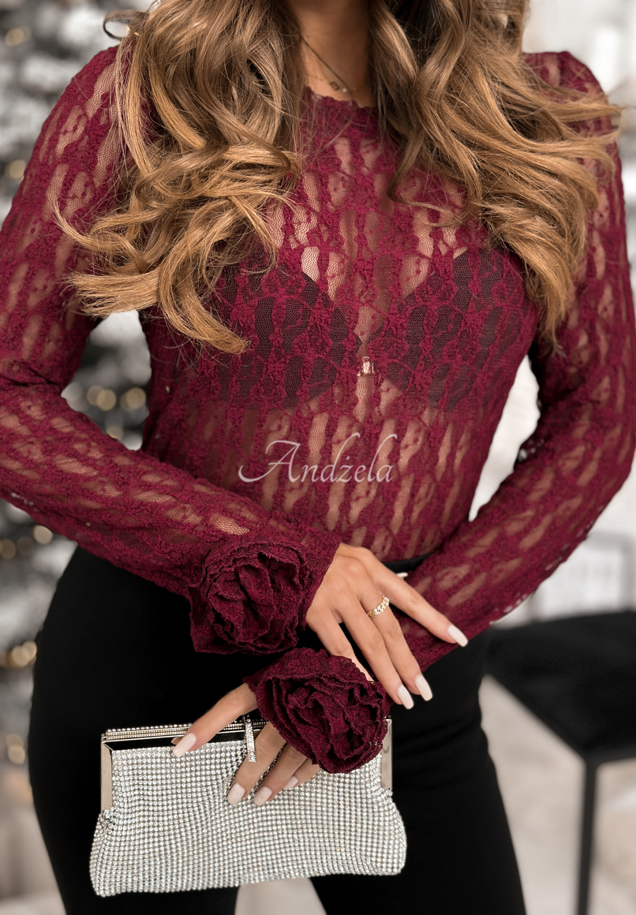 Lace &amp; Roses burgundy longsleeve blouse with roses