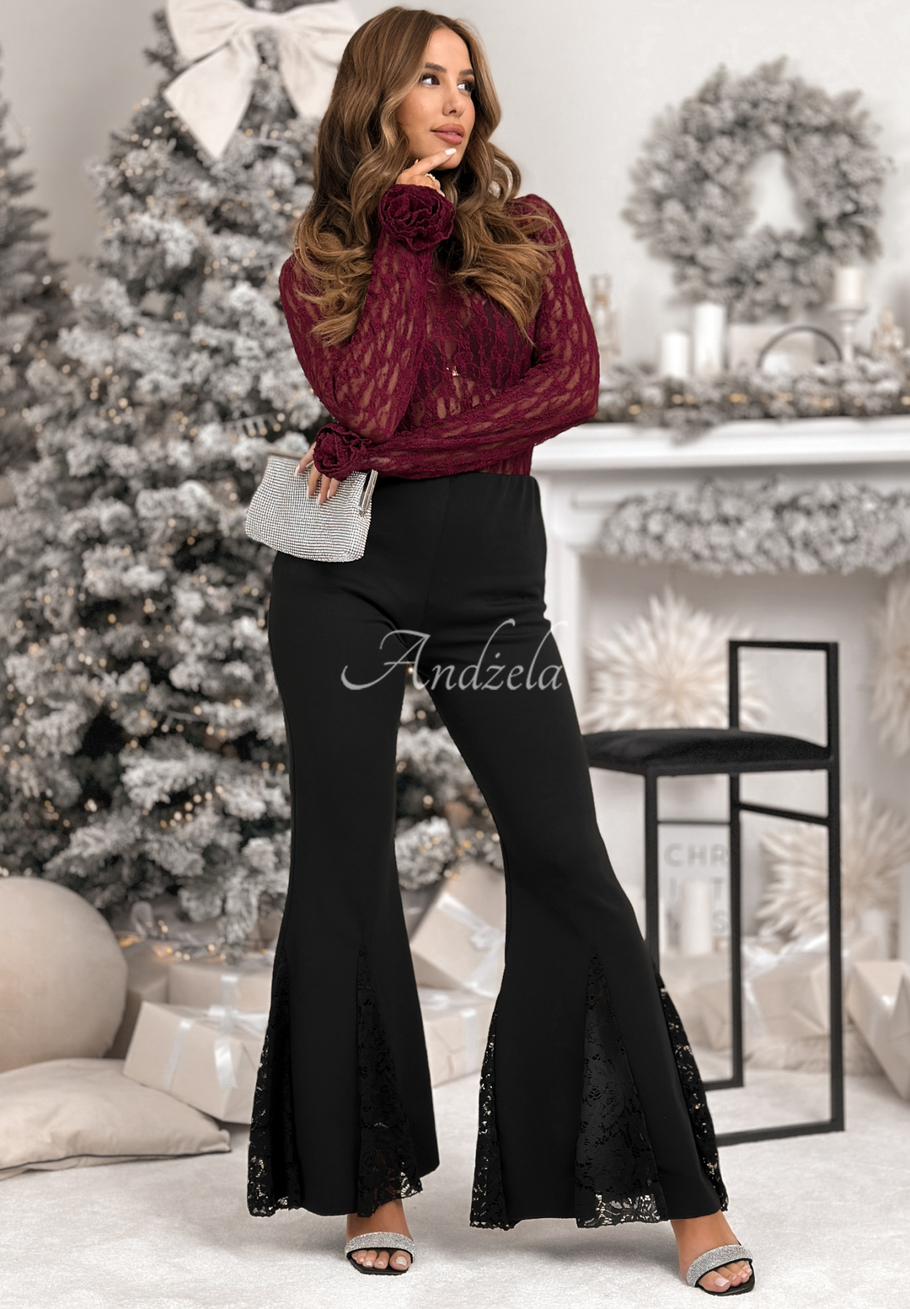 Koronkowa bluzka longsleeve z różami Lace &amp; Roses burgundowa