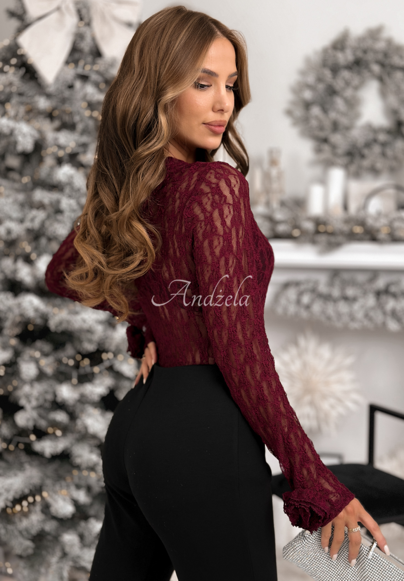 Koronkowa bluzka longsleeve z różami Lace &amp; Roses burgundowa