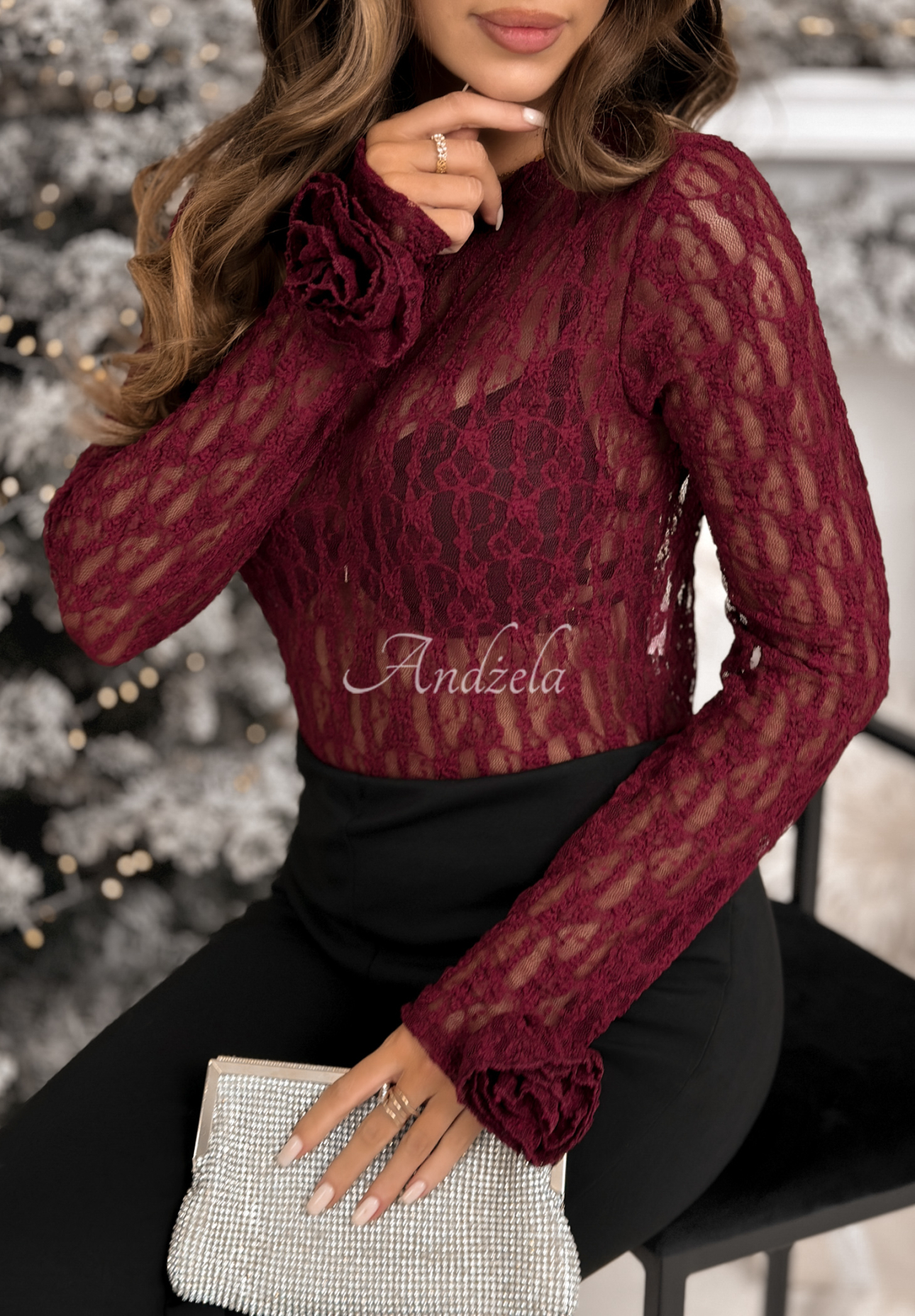 Lace &amp; Roses burgundy longsleeve blouse with roses