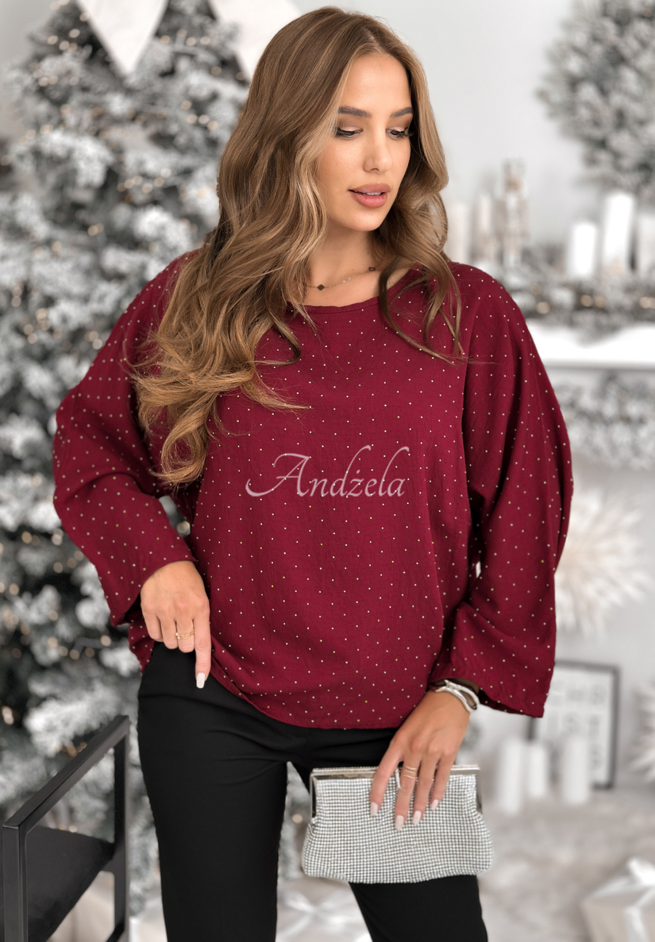 Viscose blouse with bow and crystals by The Stars Twinkle burgundy