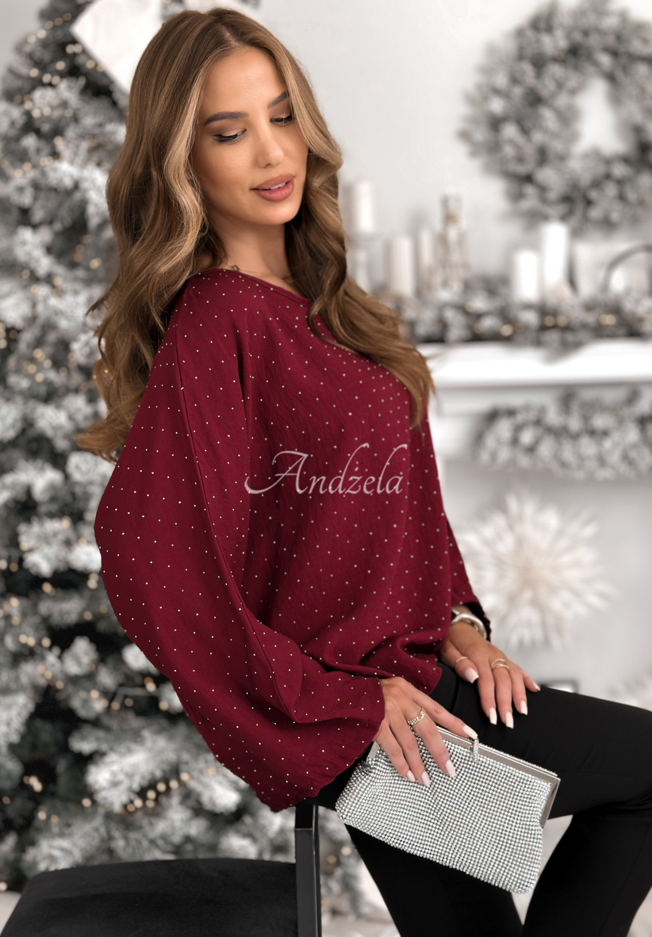Viscose blouse with bow and crystals by The Stars Twinkle burgundy