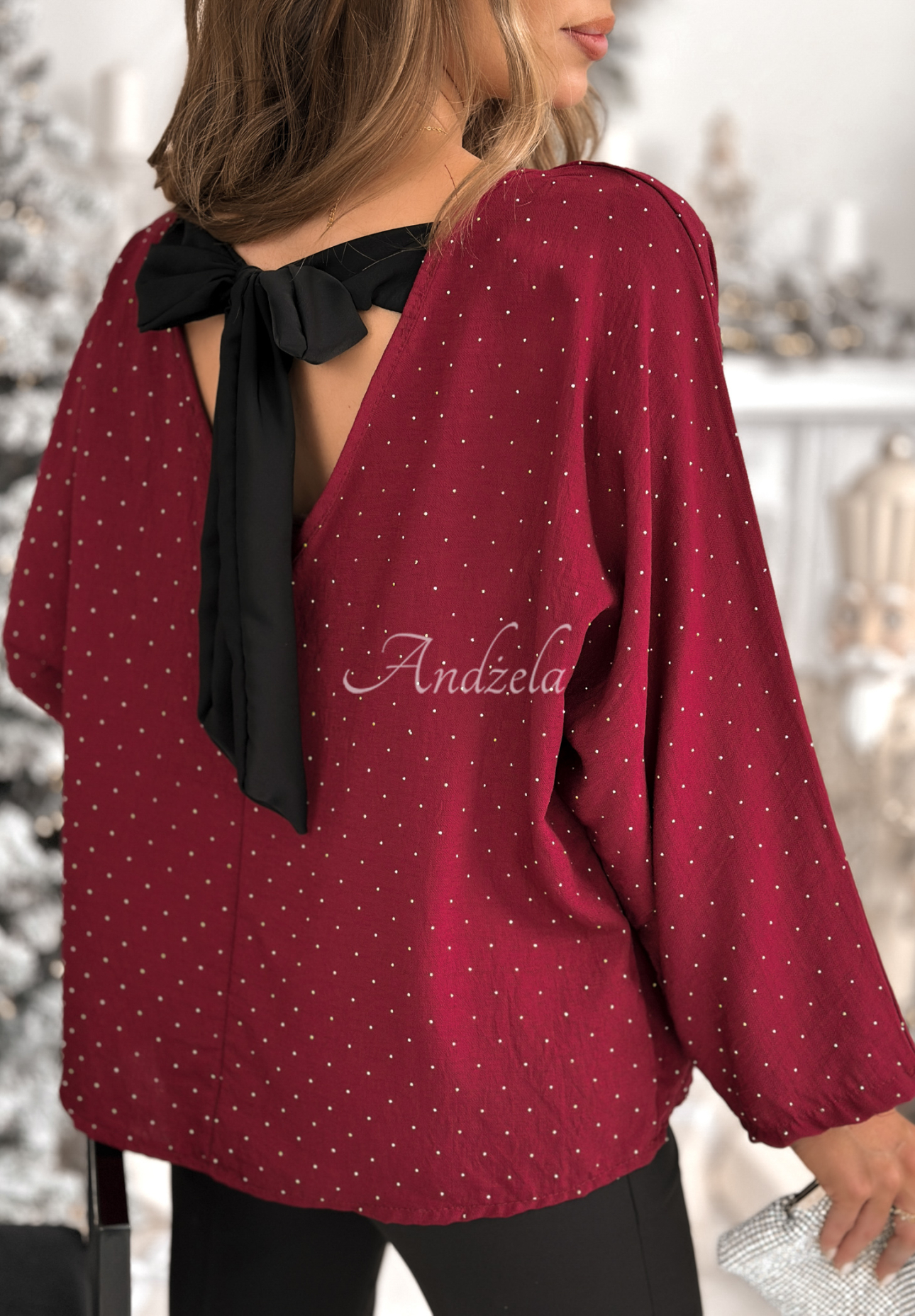 Viscose blouse with bow and crystals by The Stars Twinkle burgundy