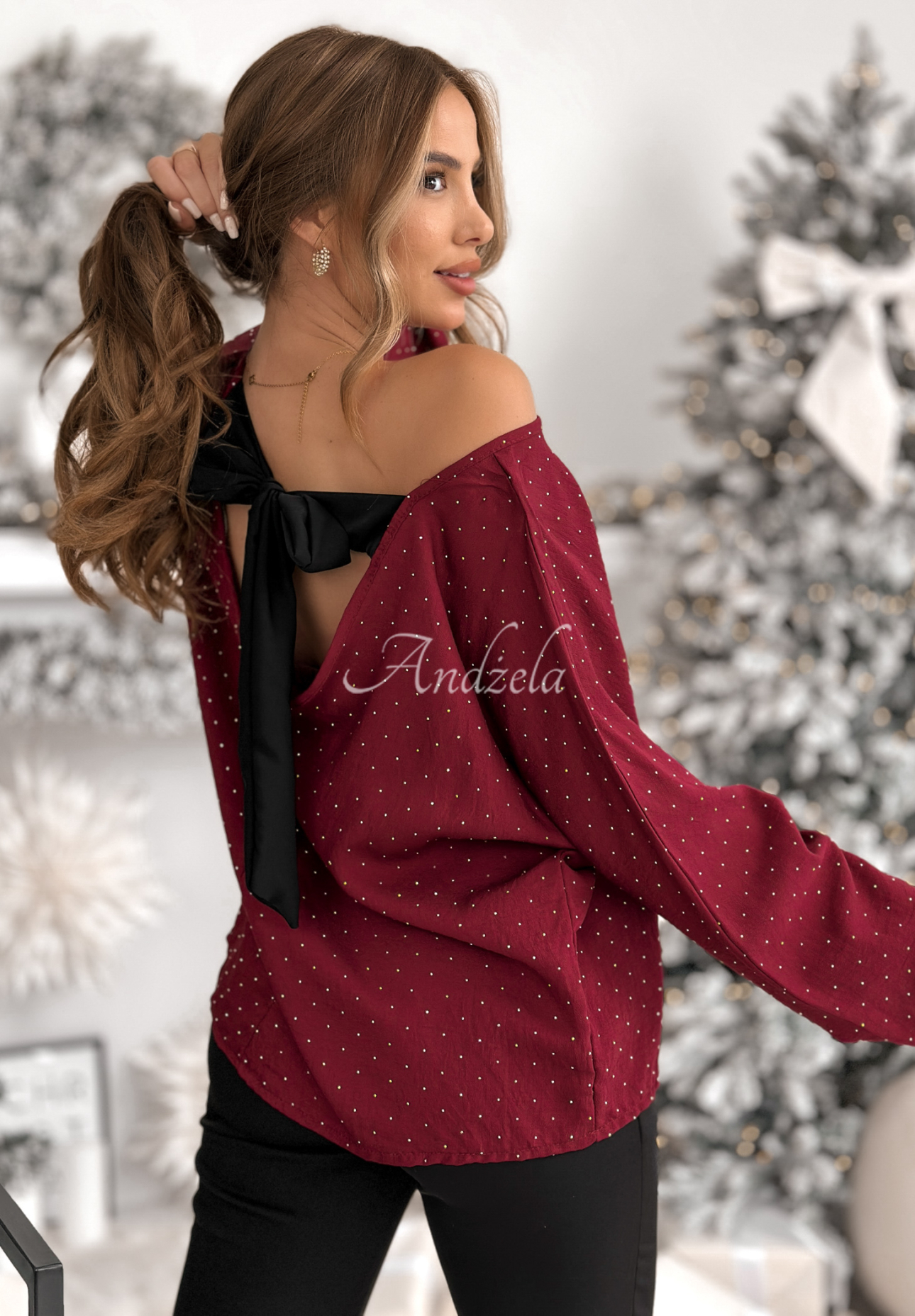 Viscose blouse with bow and crystals by The Stars Twinkle burgundy