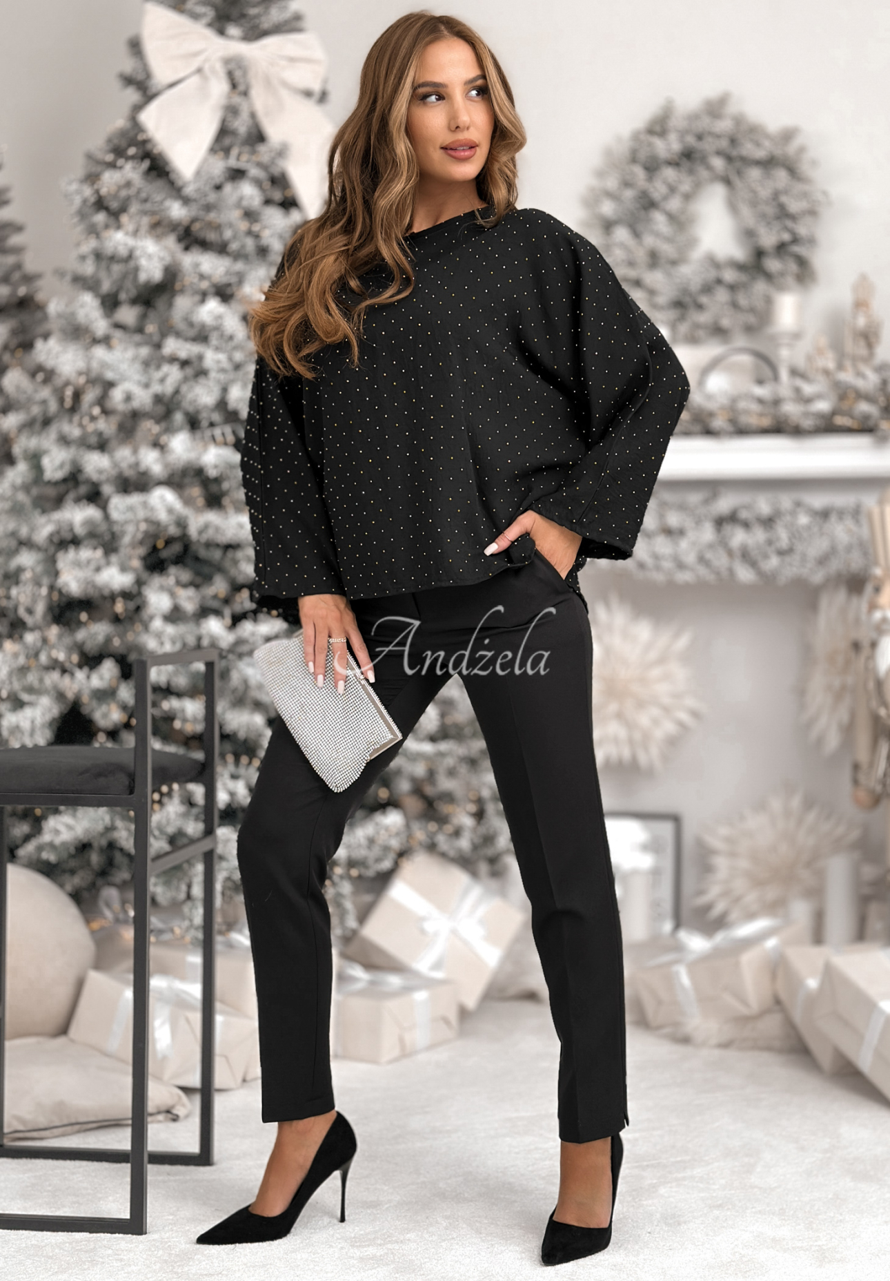 Viscose blouse with bow and crystals by The Stars Twinkle black