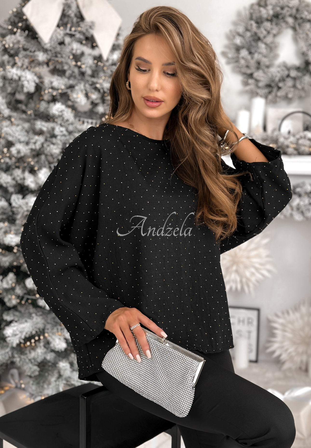 Viscose blouse with bow and crystals by The Stars Twinkle black