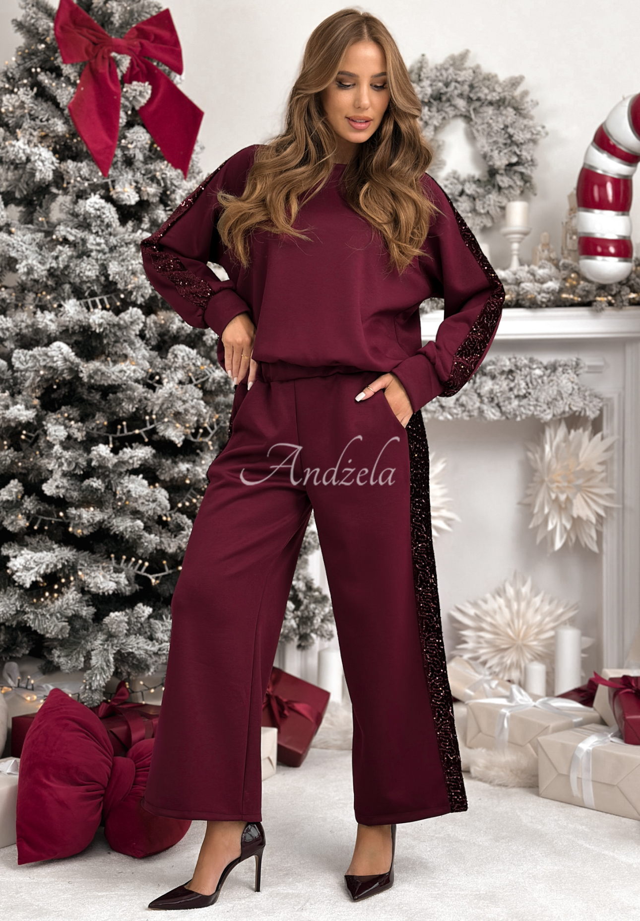 Viscose sweatshirt and pants set with sequins Nothing To Do burgundy
