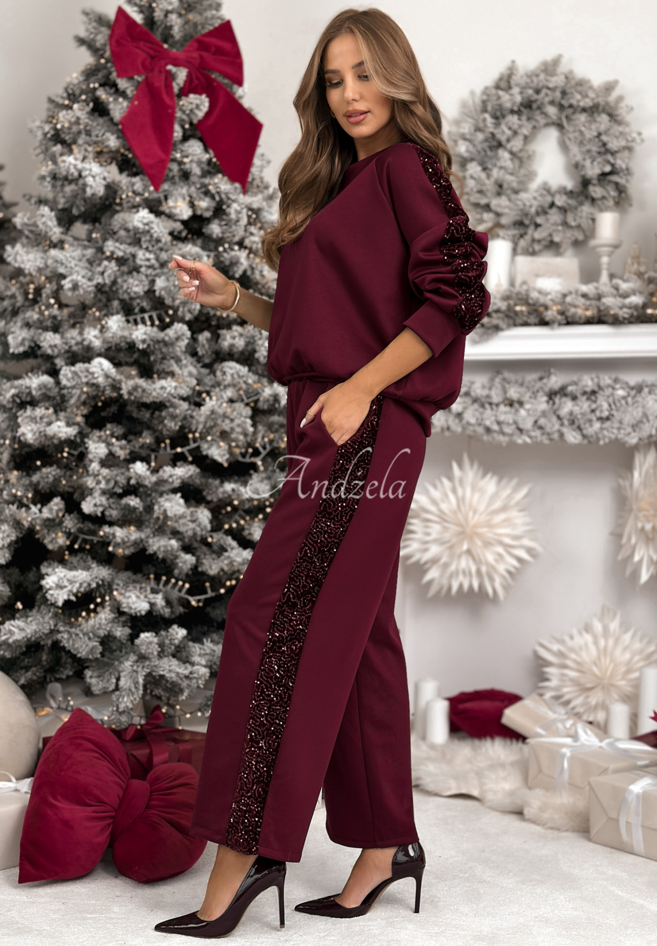 Viscose sweatshirt and pants set with sequins Nothing To Do burgundy