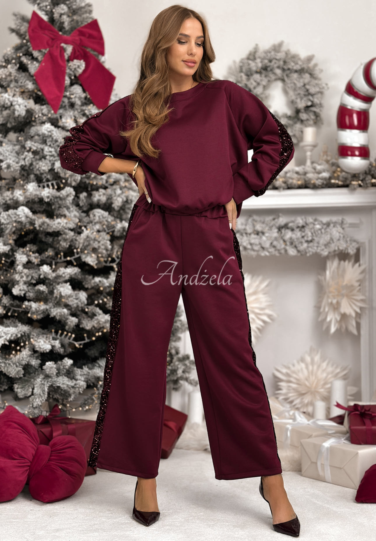 Viscose sweatshirt and pants set with sequins Nothing To Do burgundy