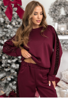 Komplet dresowy bluza i spodnie z cekinowymi lampasami Nothing To Do burgundowy