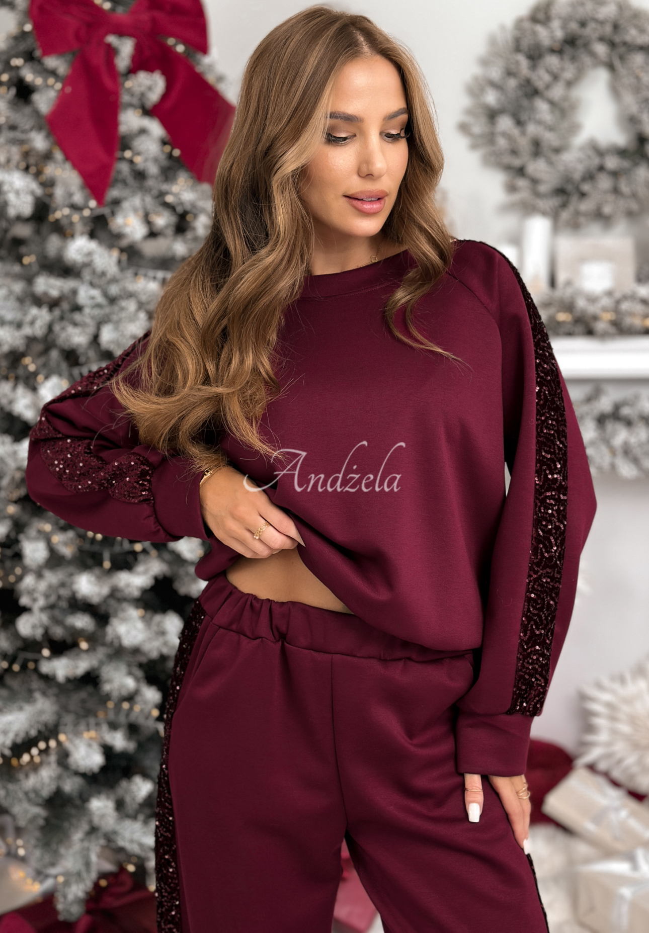 Viscose sweatshirt and pants set with sequins Nothing To Do burgundy