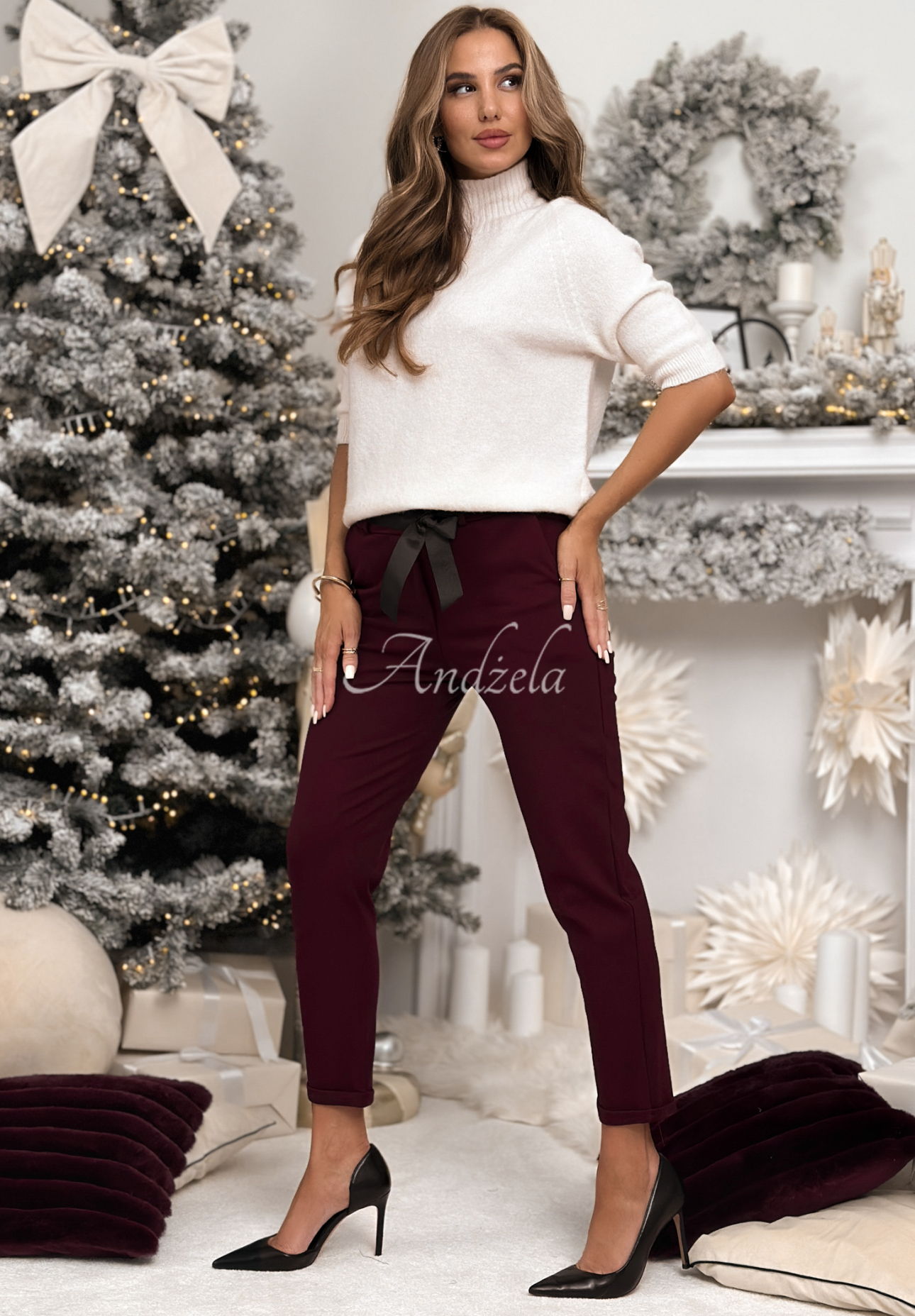 Wiskozowe spodnie z paskiem Alone We Can burgundowe