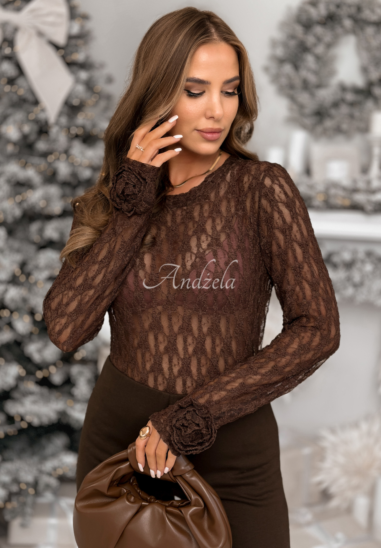Lace &amp; Roses chocolate longsleeve blouse with roses