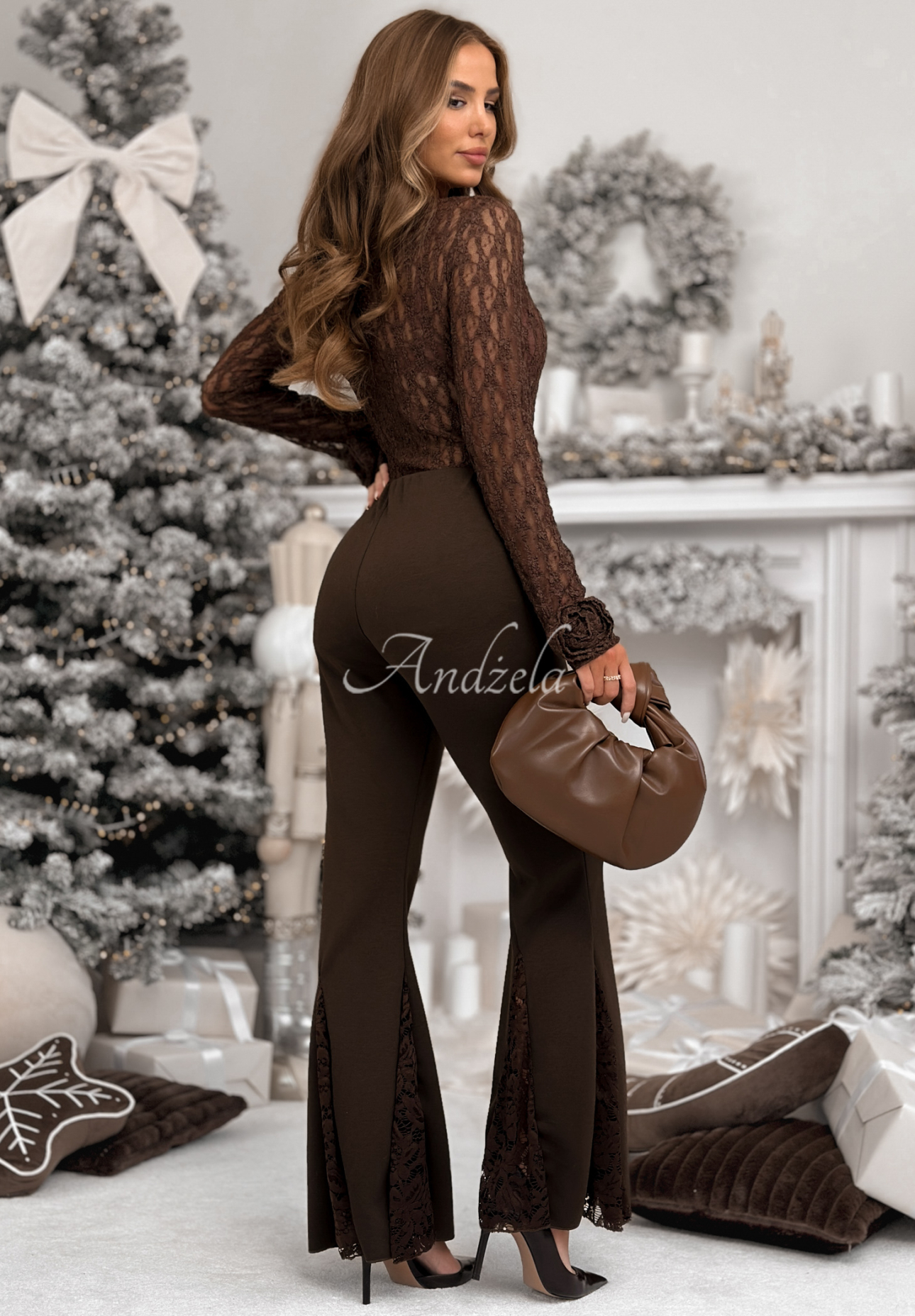 Lace &amp; Roses chocolate longsleeve blouse with roses