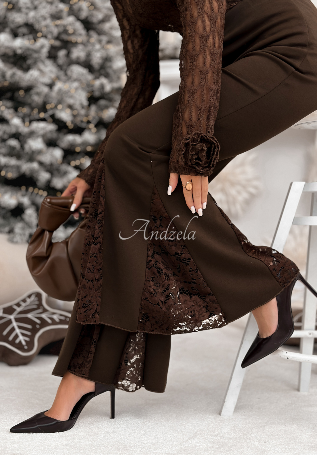 Viscose bell bottoms with lace Never Compare chocolate