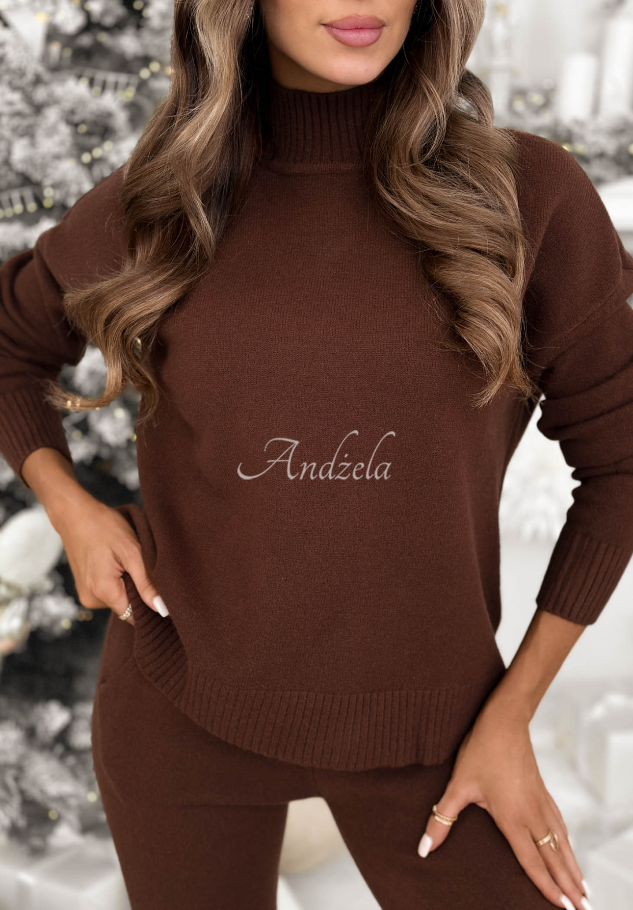 Knitted sweater and wide leg pants set January Snow chocolate