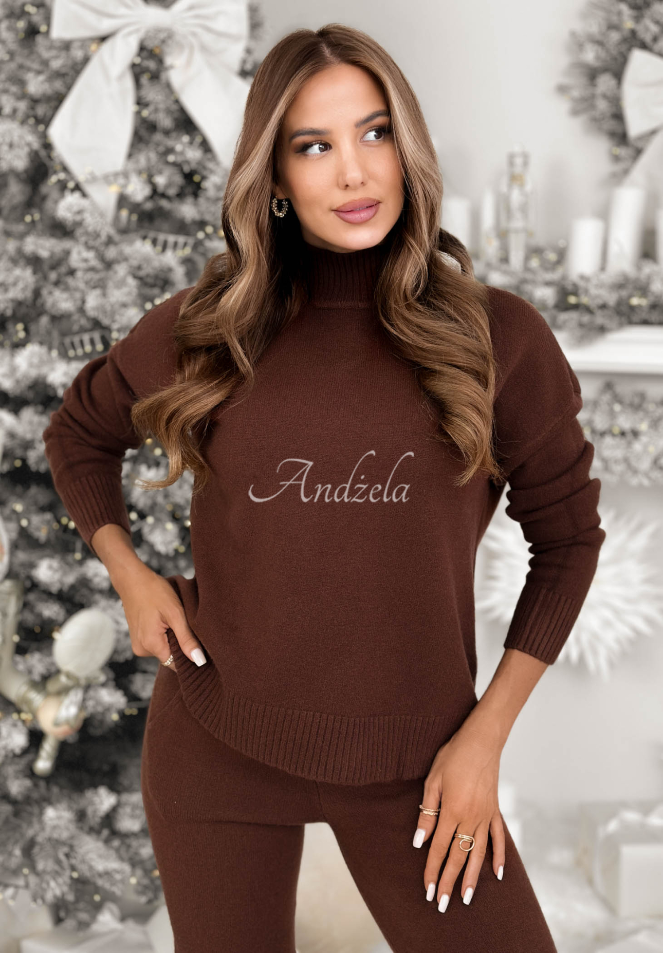 Knitted sweater and wide leg pants set January Snow chocolate
